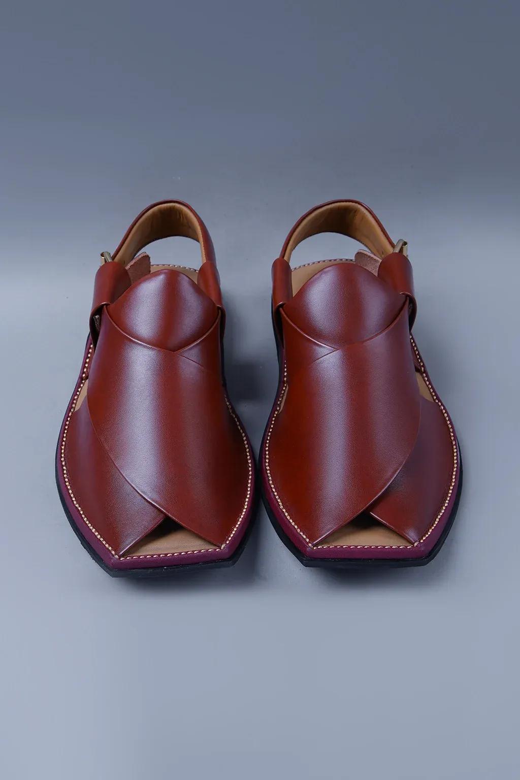 Gloosy Cherry Brown Kaptan Chapal With signature over lap design and square toe