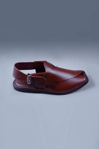 Gloosy Cherry Brown Kaptan Chapal With signature over lap design and square toe