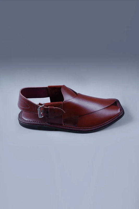 Gloosy Cherry Brown Kaptan Chapal With signature over lap design and square toe