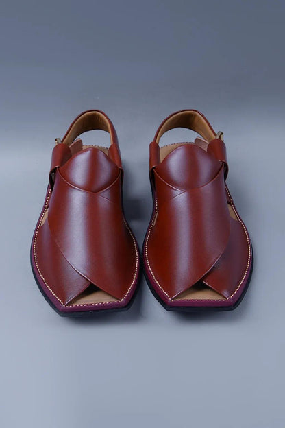 Gloosy Cherry Brown Kaptan Chapal With signature over lap design and square toe