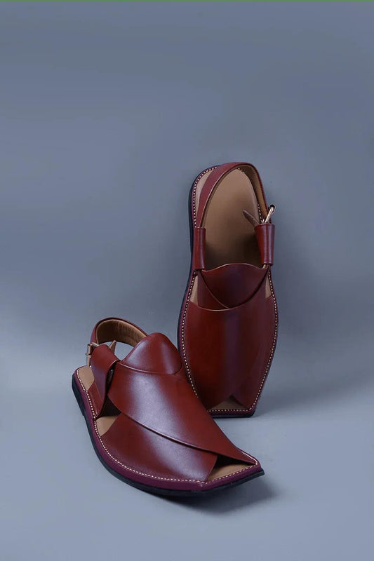 Gloosy Cherry Brown Kaptan Chapal With signature over lap design and square toe