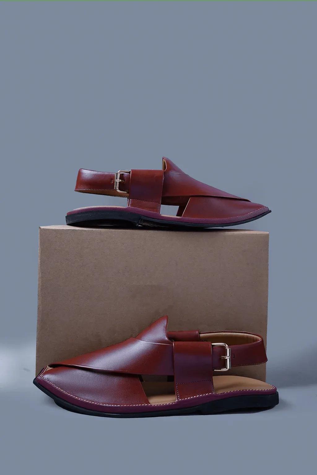 Gloosy Cherry Brown Kaptan Chapal With signature over lap design and square toe