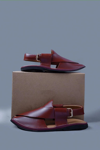 Gloosy Cherry Brown Kaptan Chapal With signature over lap design and square toe